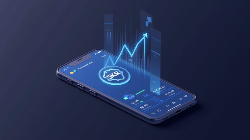 Photorealistic phone screen with SKR logo, Solana-style dashboard, and upward-trending charts.