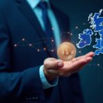 Fintech executive presents glowing stablecoin with UK map, FCA badge, and neon blockchain grid.