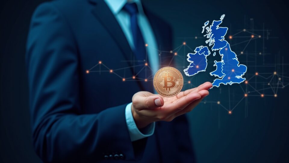 Fintech executive presents glowing stablecoin with UK map, FCA badge, and neon blockchain grid.