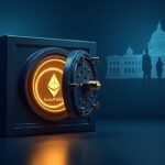Photorealistic header: bank vault, glowing SoFiUSD Ethereum token, Fed insignia, and silhouettes of banks.