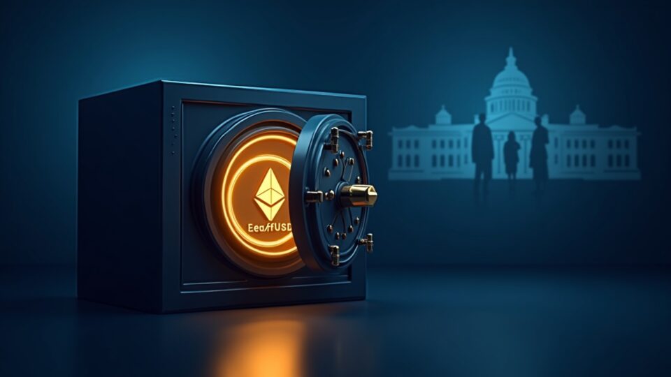 Photorealistic header: bank vault, glowing SoFiUSD Ethereum token, Fed insignia, and silhouettes of banks.
