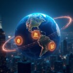 Photorealistic center shot of three glowing crypto tokens SOL, XRP, and LINK orbiting a futuristic globe above a sleek cityscape.