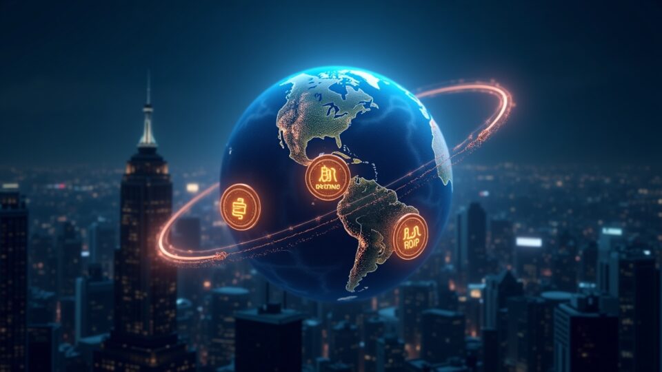 Photorealistic center shot of three glowing crypto tokens SOL, XRP, and LINK orbiting a futuristic globe above a sleek cityscape.