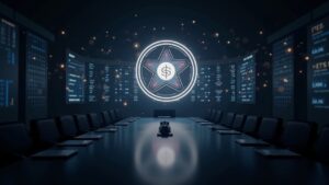 Photorealistic Solana hub in a sleek boardroom with holographic SOL network, ETF tickers, and a subtle Trump silhouette.