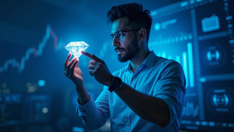 Realistic center image: a determined trader grips a diamond with Solana-inspired blue charts and bots nearby.
