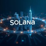 Photoreal Solana logo over a glass cityscape with glowing transaction streams and circulating DEX icons.