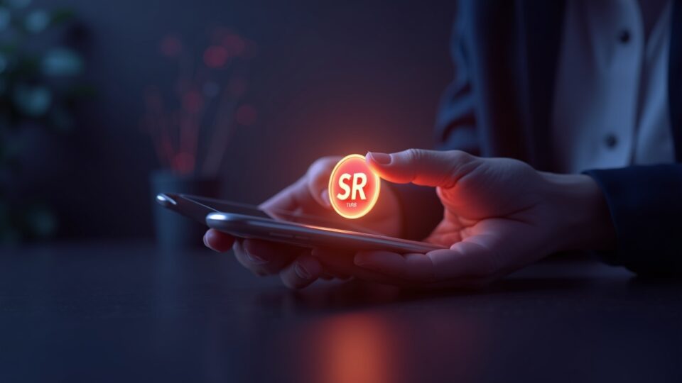 Sleek smartphone projects a glowing SKR token with 10B supply in a newsroom with Solana-inspired colors.