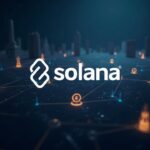 Photorealistic Solana logo with network nodes, fading institutional silhouettes, and streaming SOL tokens.