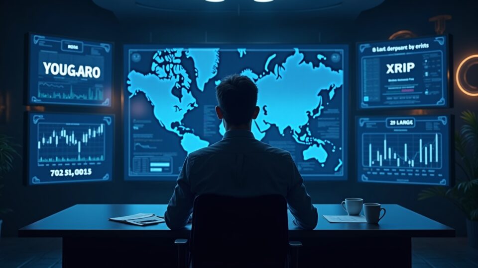 Central analyst in a newsroom with holographic screens showing Solana and XRP, 2x leverage icons, and risk overlay.