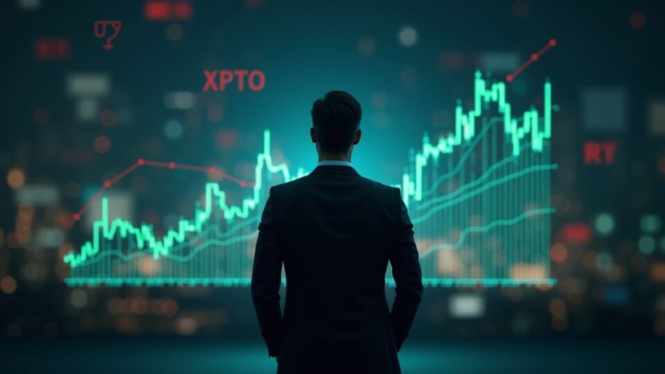 Businessperson before a holographic crypto chart showing red BTC/ETH outflows and green SOL/XRP inflows.