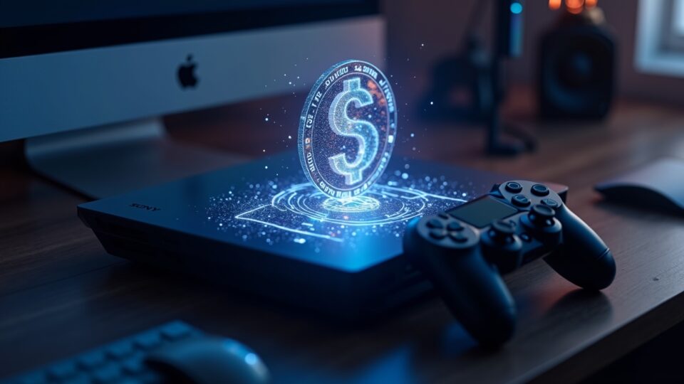 Photorealistic PlayStation desk setup with a glowing USD-stablecoin hologram and blockchain ledger visuals.