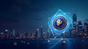 Photorealistic header with central SUI token logo, SEC documents, Coinbase Custody icon, and a futuristic cityscape.