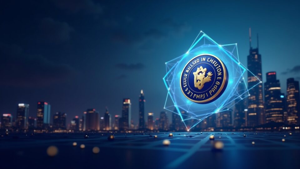Photorealistic header with central SUI token logo, SEC documents, Coinbase Custody icon, and a futuristic cityscape.