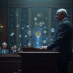 Photorealistic congress hearing with a Fed official at a podium and holographic stablecoins rising behind.