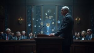 Photorealistic congress hearing with a Fed official at a podium and holographic stablecoins rising behind.