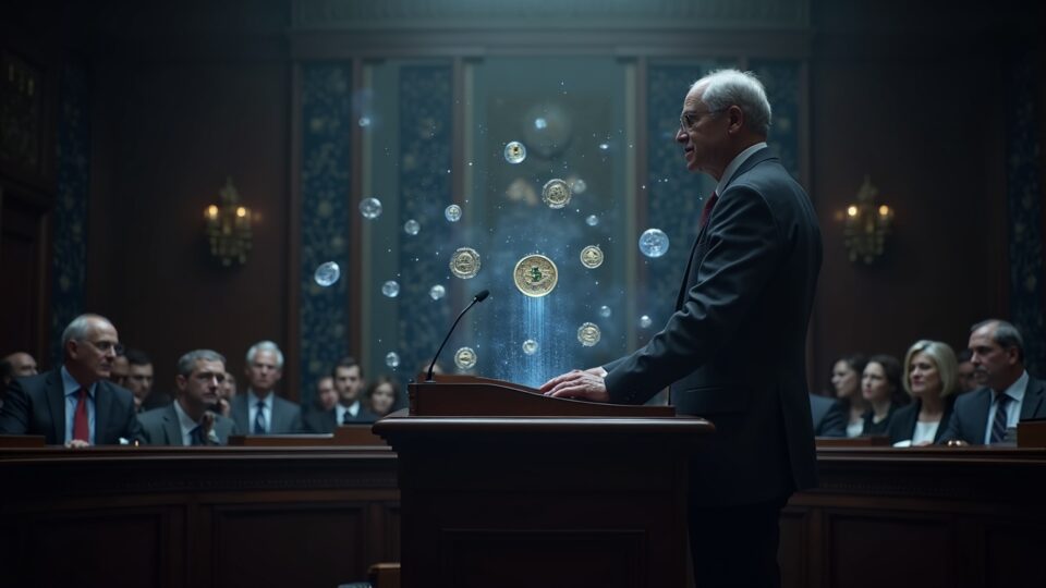 Photorealistic congress hearing with a Fed official at a podium and holographic stablecoins rising behind.