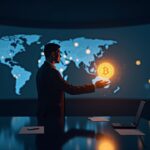 Photorealistic newsroom with a presenter, glowing stablecoins, holographic regulatory icons, and a decentralization map
