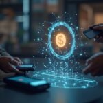 Photorealistic checkout with a holographic stablecoin flowing from a digital wallet into payment rails.