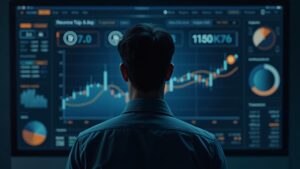 Photorealistic newsroom header: a finance executive at dashboard with Bitcoin icons, a NAV chart, and a rotating flywheel.