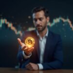 Photorealistic corporate executive holds a glowing Bitcoin hologram with a rising price chart and blockchain backdrop.