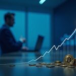 Photorealistic header of Strategy CEO in a modern boardroom, Bitcoin coins and a rising liquidity chart in blue tones.