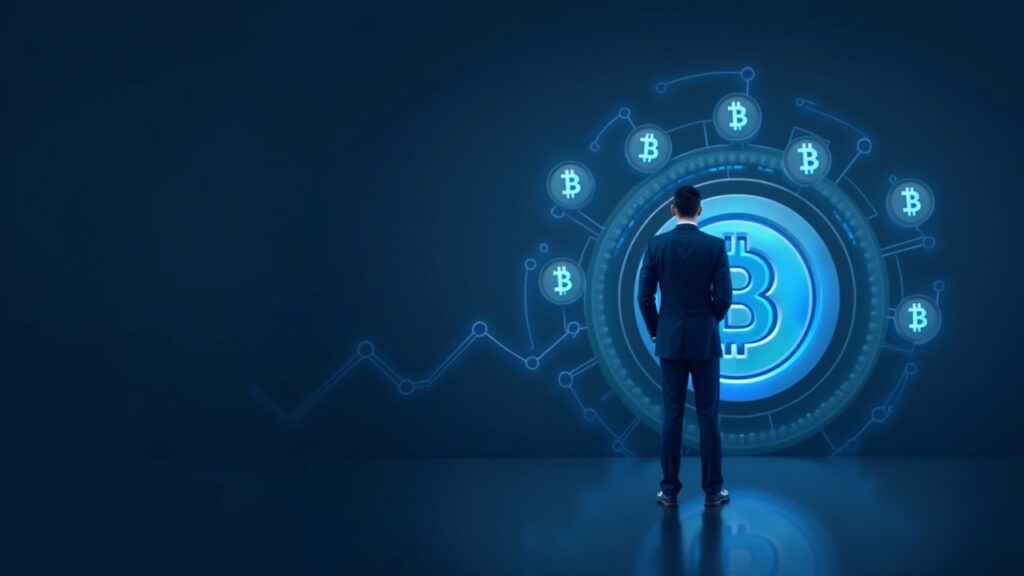 Executive beside a digital USD reserve vault with subtle Bitcoin icons and a rising liquidity chart in a blue newsroom.