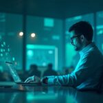 Futuristic newsroom scene: crypto researcher at a sleek desk, AI holograms and blockchain graphs in blue-green tones.