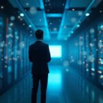 Diverse tech professional surveys a federal data center with glowing AI holograms and blockchain nodes.