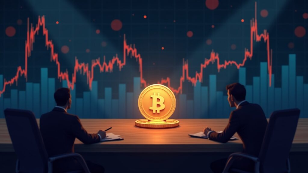 Realistic crypto newsroom with a centered LUNA coin, rising price chart, warning lights, and an analyst silhouette.