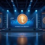 Photorealistic newsroom scene with a 500B valuation ticker, Tether logo, and tokenized equity visuals.