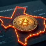 Photorealistic Texas outline with a glowing Bitcoin, ETF ticker, and official documents in a newsroom backdrop.