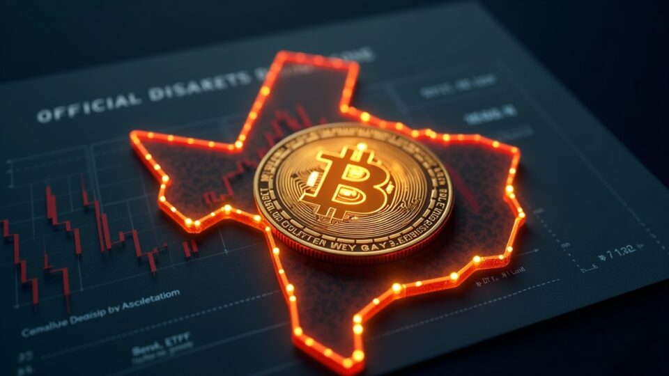 Photorealistic Texas outline with a glowing Bitcoin, ETF ticker, and official documents in a newsroom backdrop.