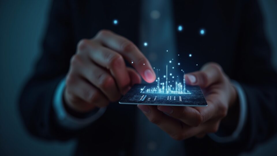 Photorealistic THORWallet user tapping a crypto card, with glowing DeFi chains showing self-custody and fiat rails.