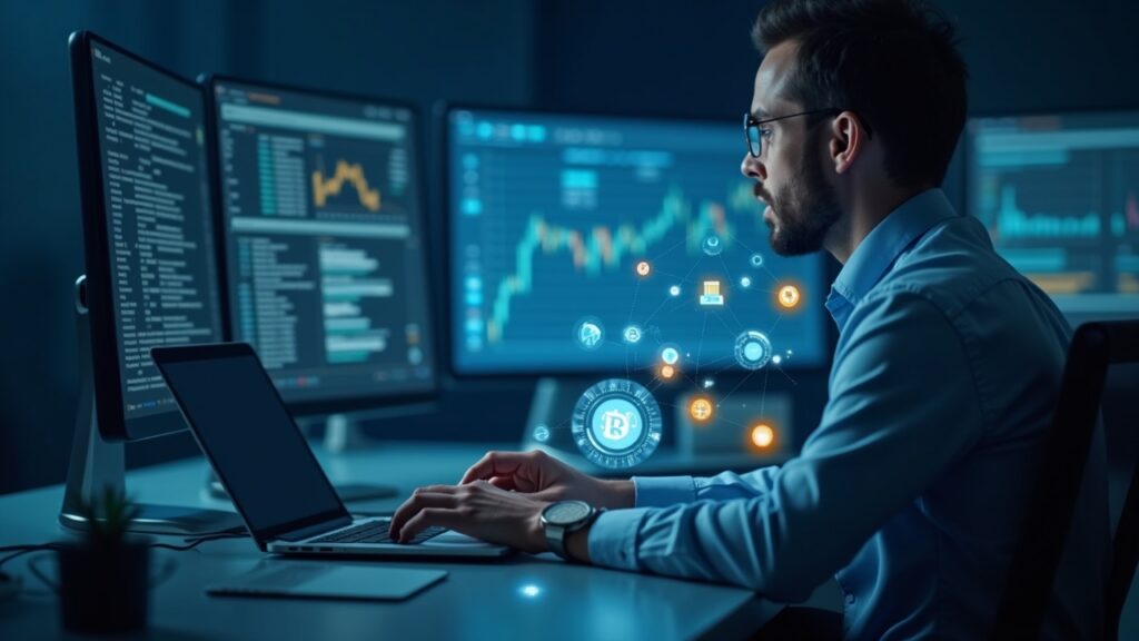 Trader at a desk with holographic tokens flowing between real-world assets, illustrating tokenization and faster settlement.