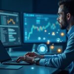 Trader at a desk with holographic tokens flowing between real-world assets, illustrating tokenization and faster settlement.