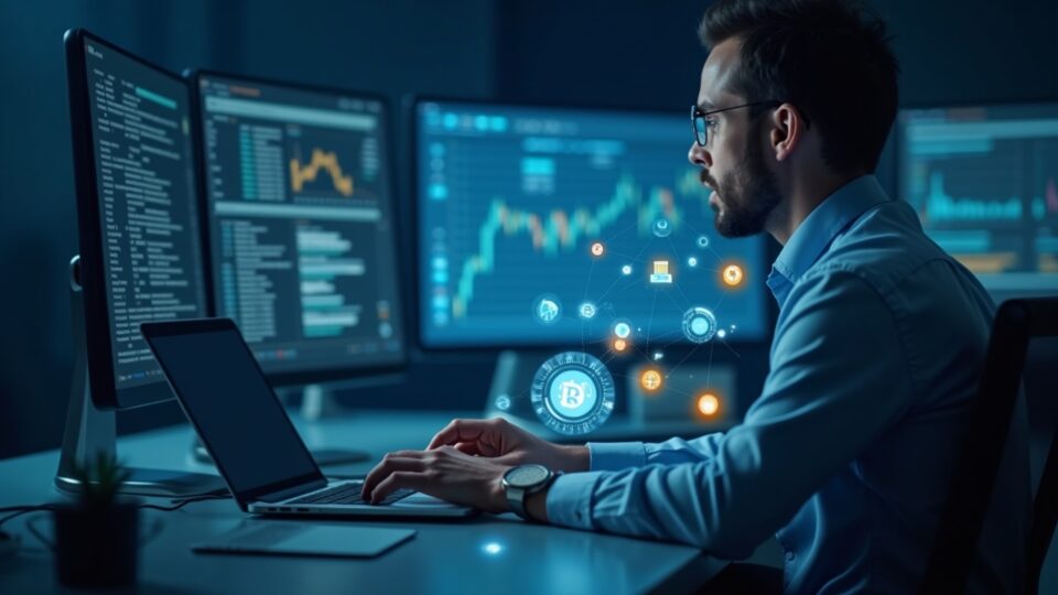 Trader at a desk with holographic tokens flowing between real-world assets, illustrating tokenization and faster settlement.