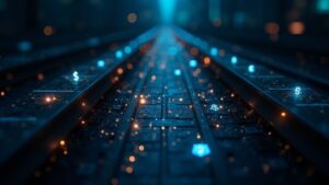 Photorealistic Wall Street data hub with blockchain rails and tokenized dollars between institutions for instant settlement.
