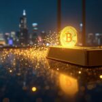 Photorealistic gold bar morphs into a glowing digital token on a blockchain ledger, with Singapore skyline and MAS logo.