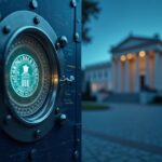 Photoreal header: broker-dealer vault guarding a tokenized stock on a blockchain, with a digital key lock and the SEC building in the background.