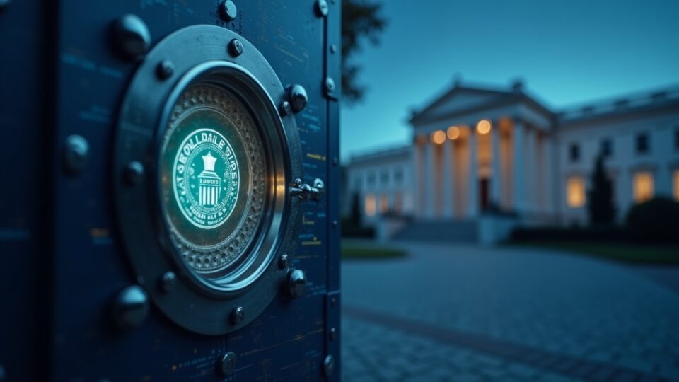 Photoreal header: broker-dealer vault guarding a tokenized stock on a blockchain, with a digital key lock and the SEC building in the background.