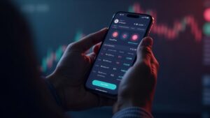Person holds smartphone displaying a crypto wallet with tokenized US stocks and TON blockchain glow.