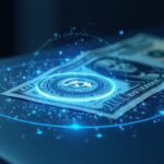 Close-up of a digital tokenized U.S. Treasury note with holographic blockchain links orbiting a central token on a desk