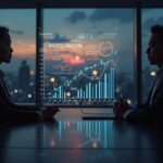 Tokyo boardroom at dusk with two executives reviewing a Bitcoin plan, holographic BTC icons and data projections.