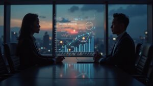 Tokyo boardroom at dusk with two executives reviewing a Bitcoin plan, holographic BTC icons and data projections.