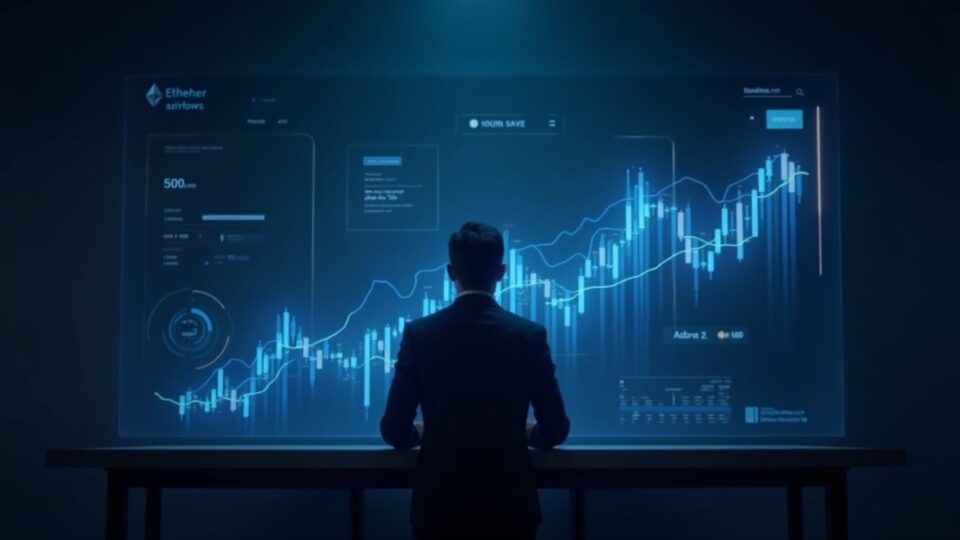 Photorealistic finance newsroom header with an analyst silhouette, holographic ether inflows, and BMNR stock rising 55%.