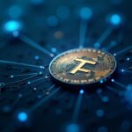 Photorealistic close-up of a Toncoin-inspired coin among decentralized AI compute nodes with shielded data streams and Telegram blue accents.