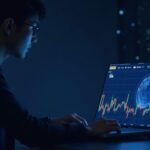 Photorealistic image of a crypto trader reviewing TON price chart on a sleek dashboard with a glowing TON logo in a newsroom.