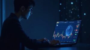 Photorealistic image of a crypto trader reviewing TON price chart on a sleek dashboard with a glowing TON logo in a newsroom.