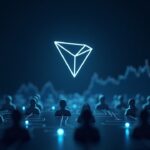 Photorealistic crypto header with TRON logo center, USDT streams linking 355m users, and a downward price chart.