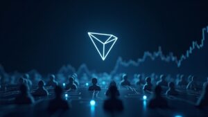 Photorealistic crypto header with TRON logo center, USDT streams linking 355m users, and a downward price chart.